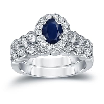 Auriya 14k Gold 1ct Oval Cut Blue Sapphire and 3/5ct TDW Diamond Halo Bridal Ring Set (H-I, SI1-SI2)
