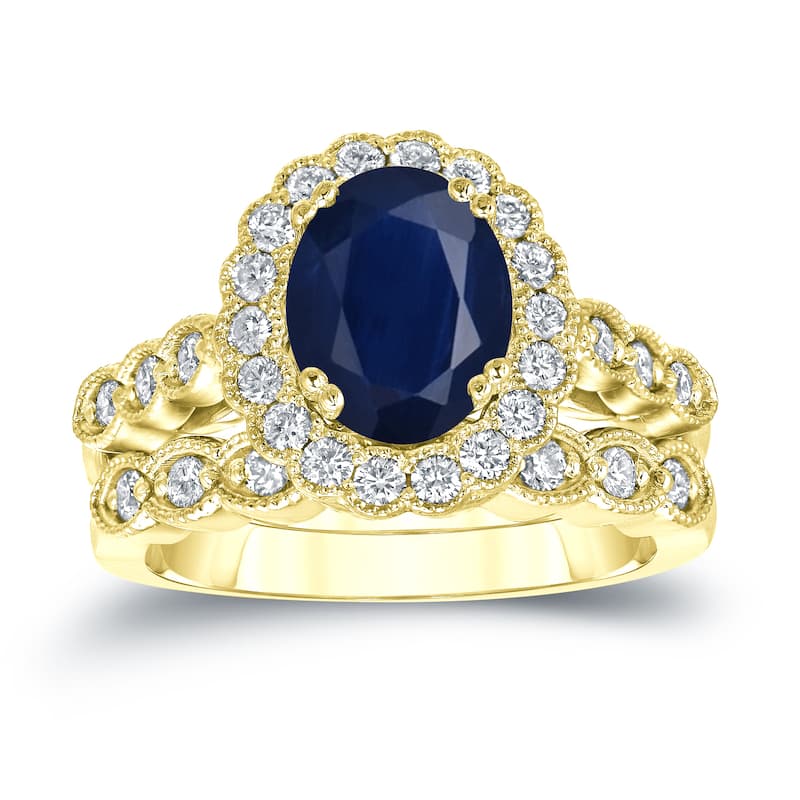 Auriya 14k Gold 2 1/2ct Oval Cut Blue Sapphire and 3/5ct TDW Diamond Brial Ring Set (H-I, SI1-SI2)