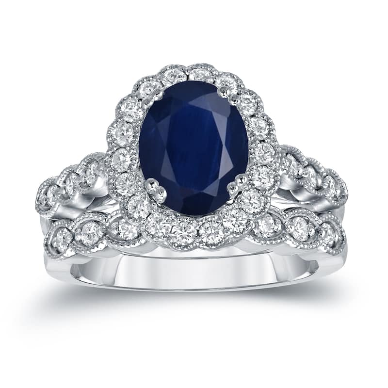 Auriya 14k Gold 2 1/2ct Oval Cut Blue Sapphire and 3/5ct TDW Diamond Brial Ring Set (H-I, SI1-SI2)