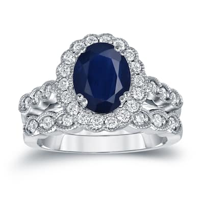 Auriya 14k Gold 2 1/2ct Oval Cut Blue Sapphire and 3/5ct TDW Diamond Brial Ring Set (H-I, SI1-SI2)