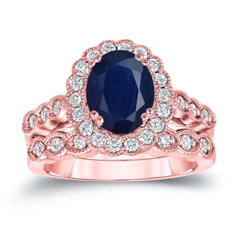 Auriya 14k Gold 2 1/2ct Oval Cut Blue Sapphire and 3/5ct TDW Diamond Brial Ring Set (H-I, SI1-SI2)