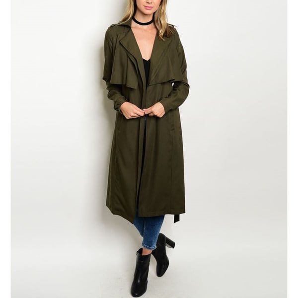 Women's Olive Green Military-Style Belted Trench Coat - Free Shipping ...