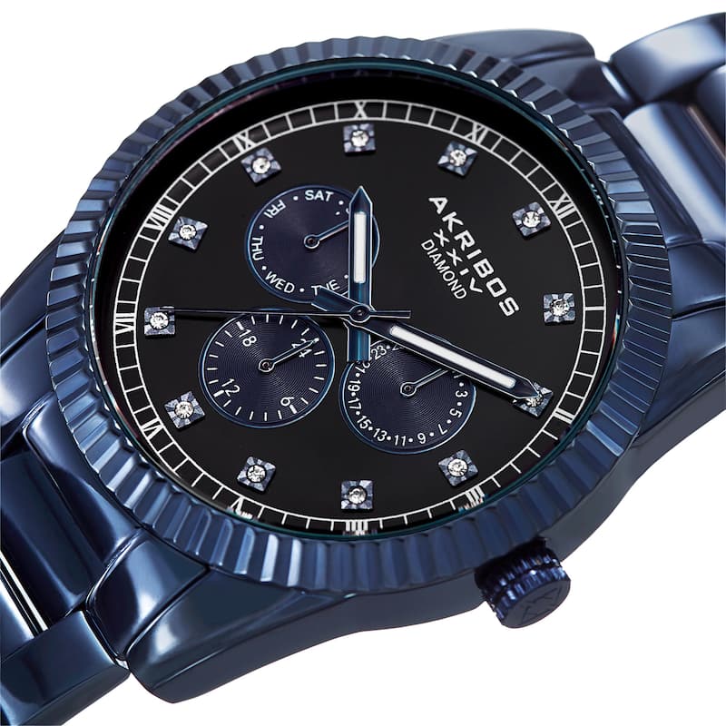 Akribos XXIV Men's Quartz Diamond Multifunction Stainless Steel Blue Bracelet Watch