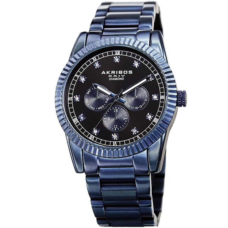 Akribos XXIV Men's Quartz Diamond Multifunction Stainless Steel Blue Bracelet Watch