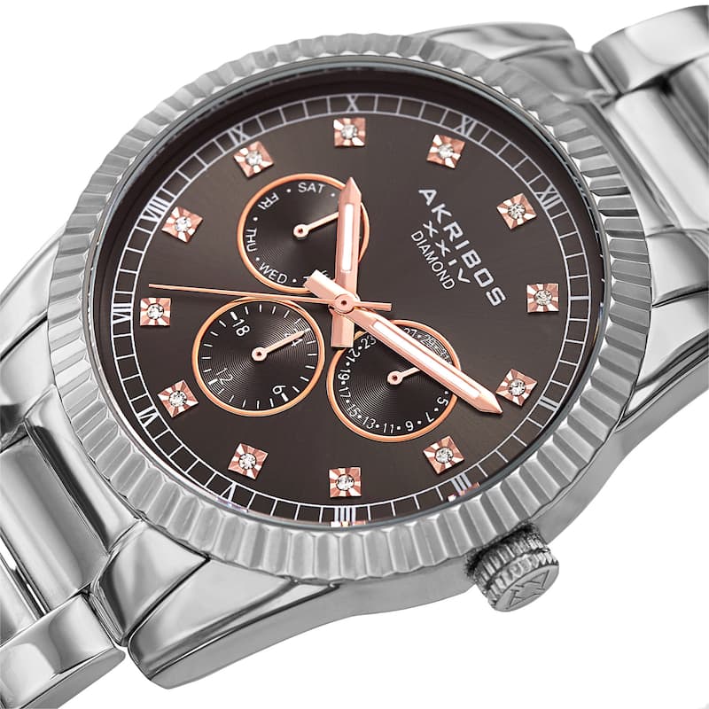Akribos XXIV Men's Quartz Diamond Multifunction Stainless Steel Silver-Tone Bracelet Watch - silver