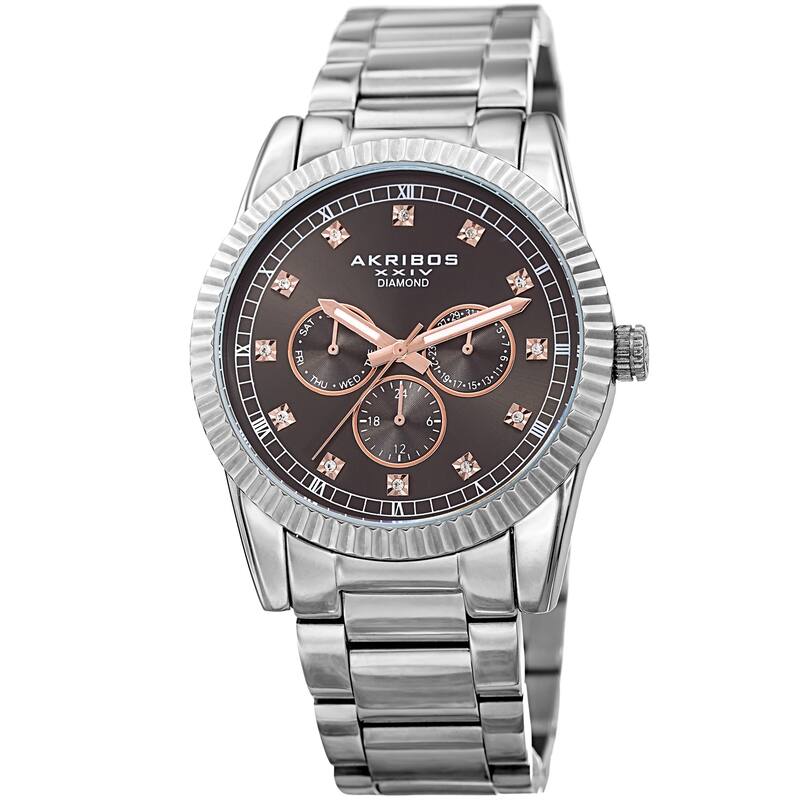 Akribos XXIV Men's Quartz Diamond Multifunction Stainless Steel Silver-Tone Bracelet Watch - silver