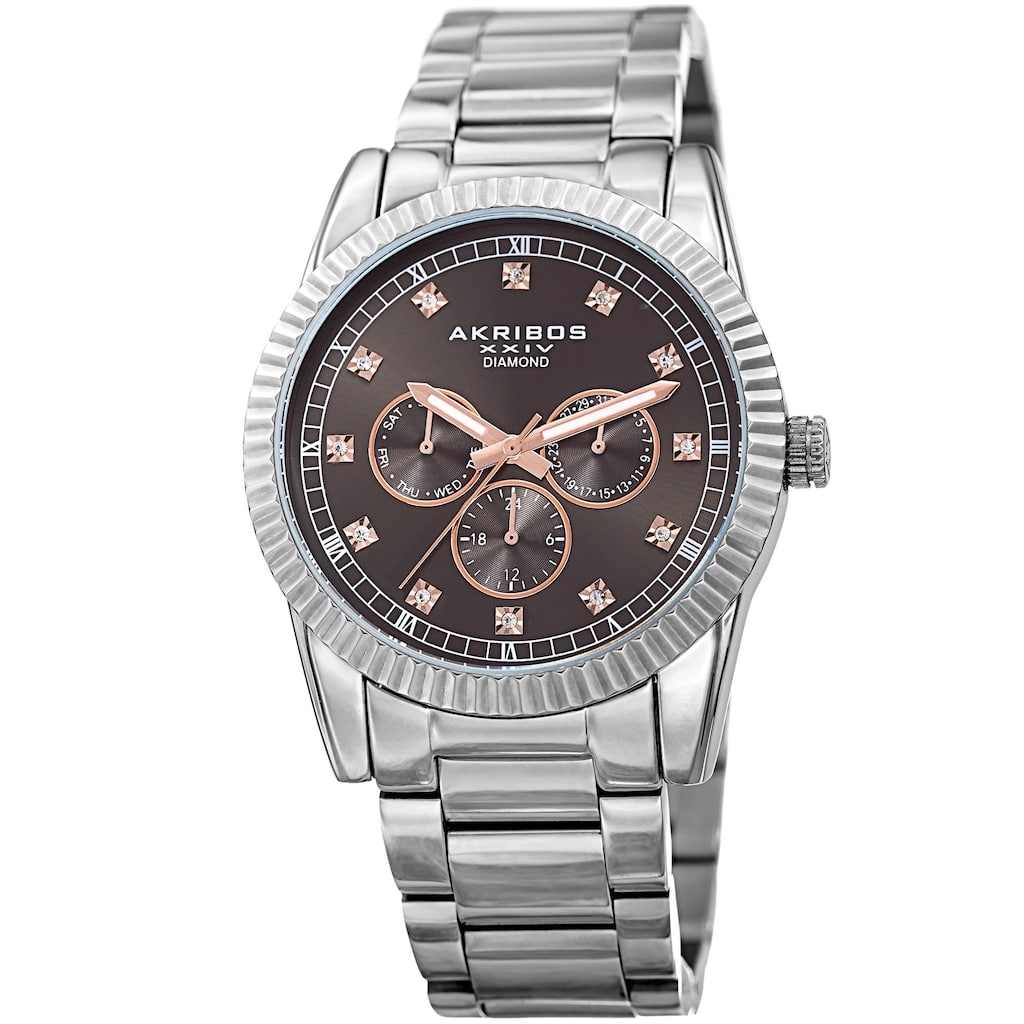 Akribos XXIV Men's Quartz Diamond Multifunction Stainless Steel Silver-Tone Bracelet Watch - silver