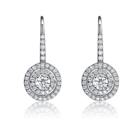 Collette Z Sterling Silver with Rhodium Plated Clear Asscher with Round Cubic Zirconia Double Halo Dangle Earrings