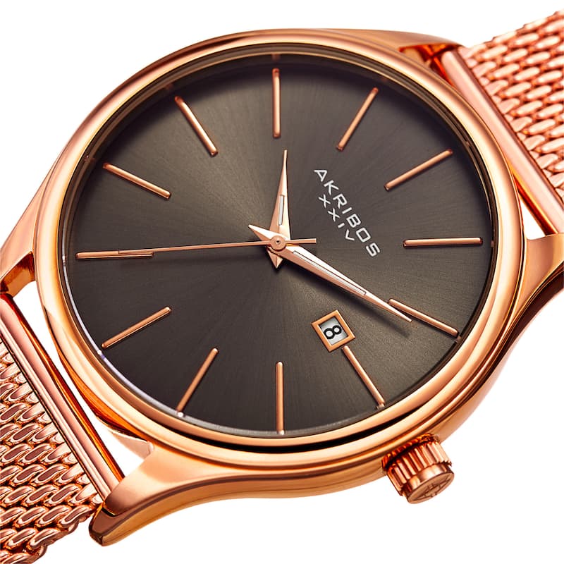 Akribos XXIV Men's Quartz Date Stainless Steel Mesh Rose-Tone Bracelet Watch