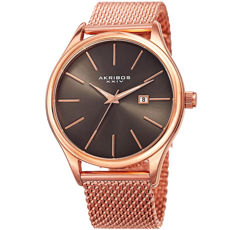 Akribos XXIV Men's Quartz Date Stainless Steel Mesh Rose-Tone Bracelet Watch