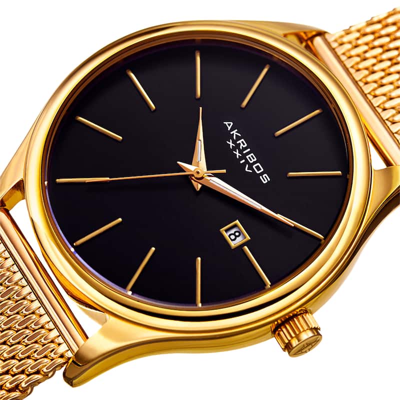 Akribos XXIV Men's Quartz Date Stainless Steel Mesh Gold-Tone Bracelet Watch