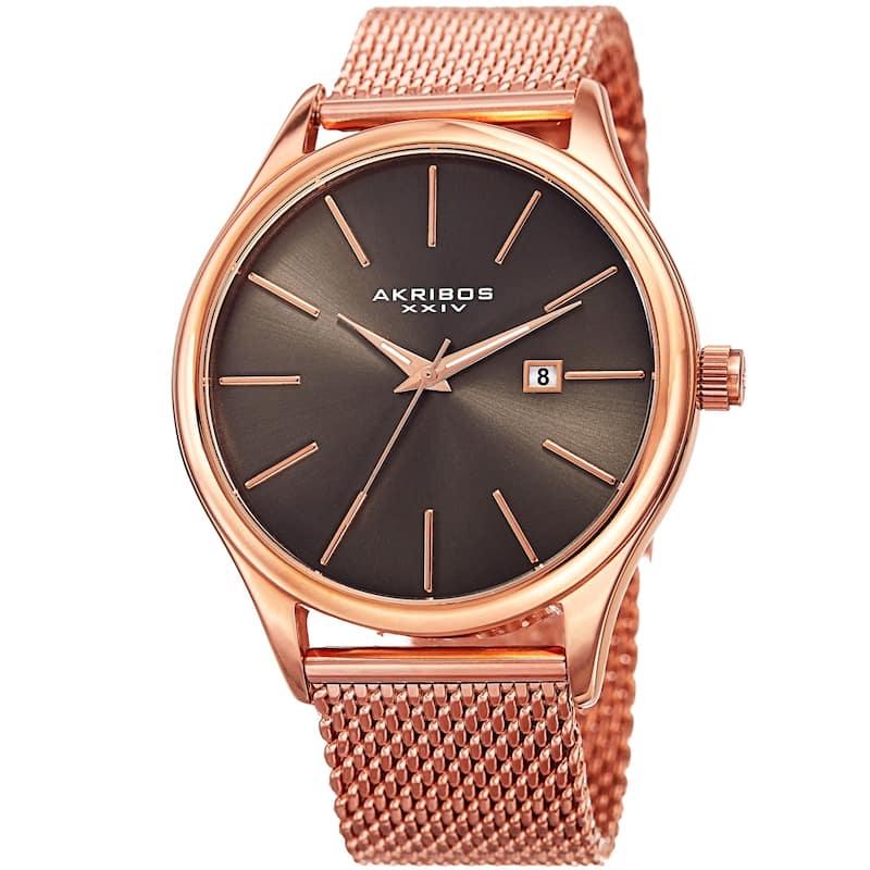 Akribos XXIV Men's Quartz Date Stainless Steel Mesh Gold-Tone Bracelet Watch - Rose-Tone