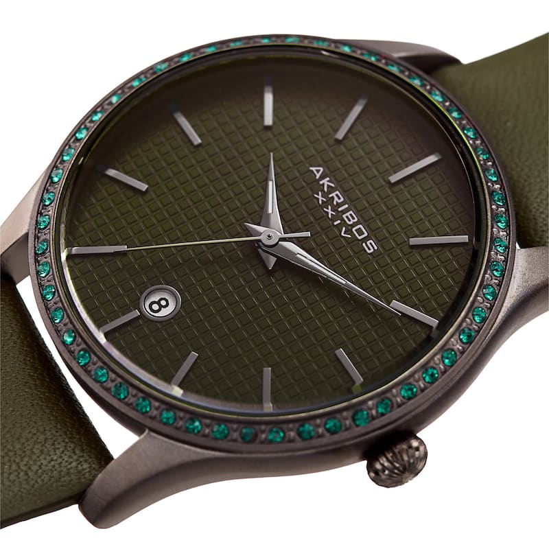 Akribos XXIV Women's Quartz Date Swarovski Crystal Leather Green Strap Watch