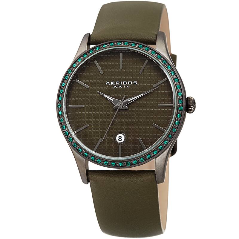 Akribos XXIV Women's Quartz Date Swarovski Crystal Leather Green Strap Watch