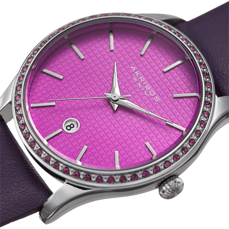 Akribos XXIV Women's Quartz Date Swarovski Crystal Leather Purple Strap Watch