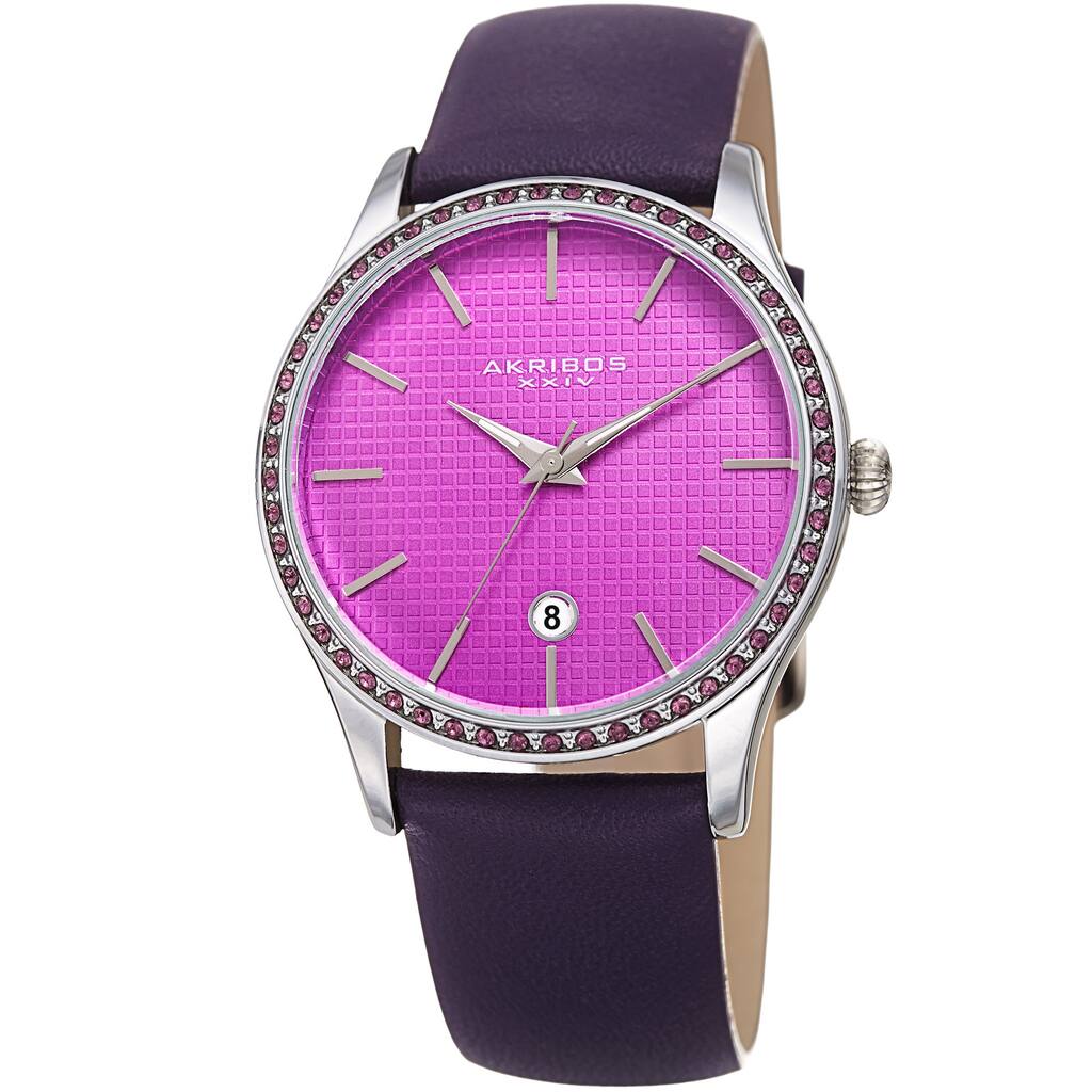 Akribos XXIV Women's Quartz Date Swarovski Crystal Leather Purple Strap Watch