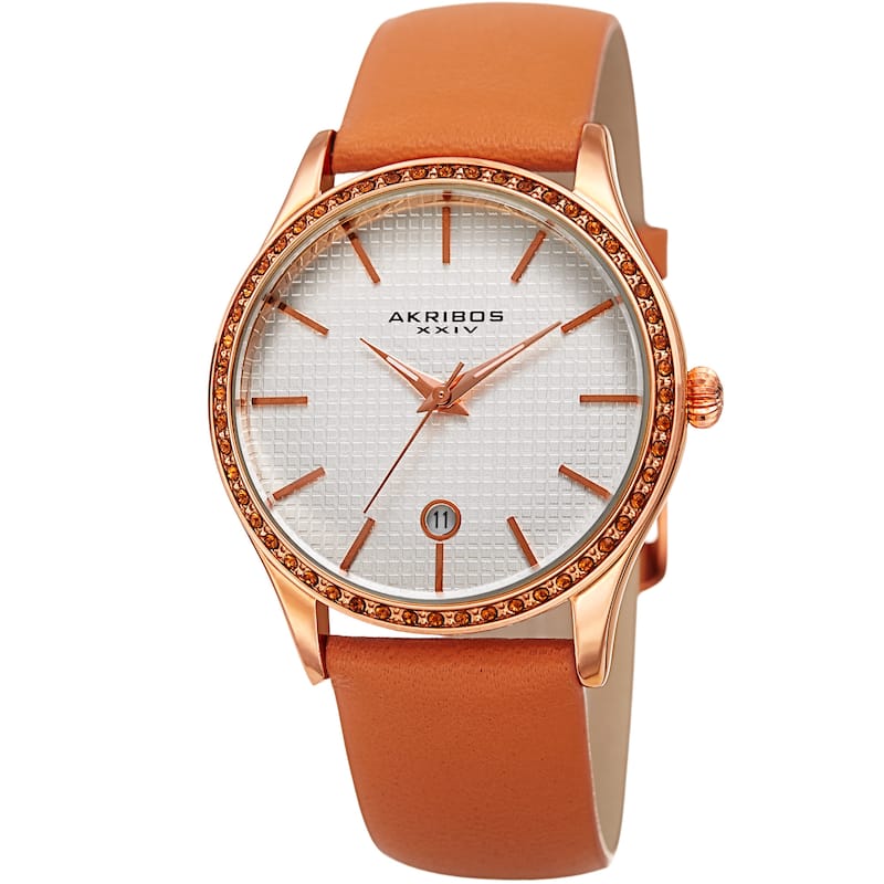 Akribos XXIV Women's Quartz Date Swarovski Crystal Leather Tan Strap Watch