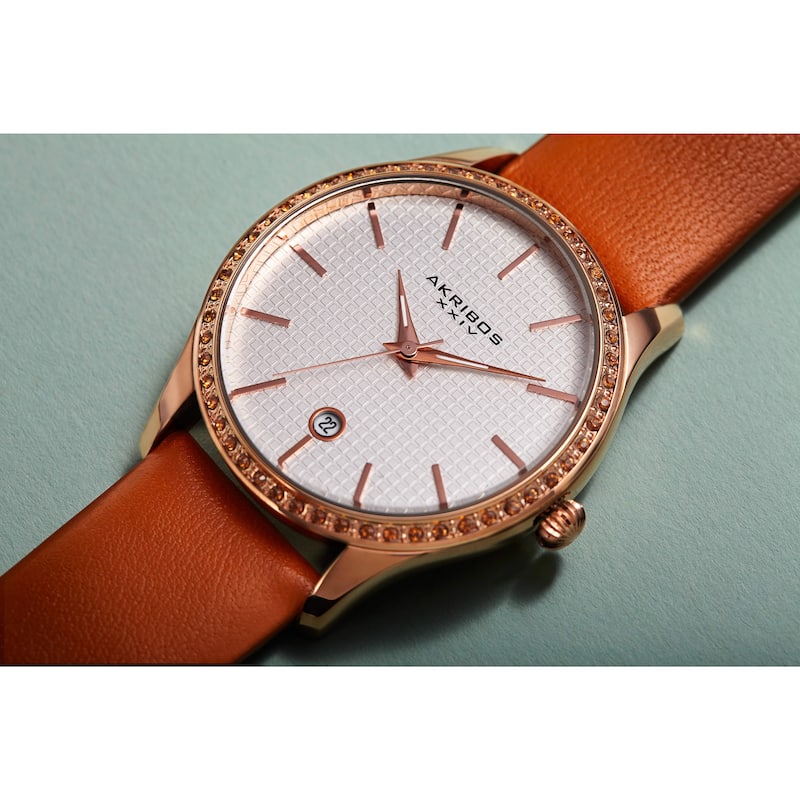 Akribos XXIV Women's Quartz Date Swarovski Crystal Leather Tan Strap Watch
