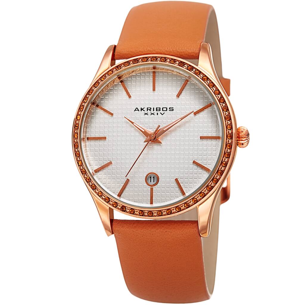 Akribos XXIV Women's Quartz Date Swarovski Crystal Leather Tan Strap Watch
