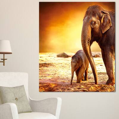 Designart "Elephant Mother and Baby Outdoors" African Canvas Artwork Print