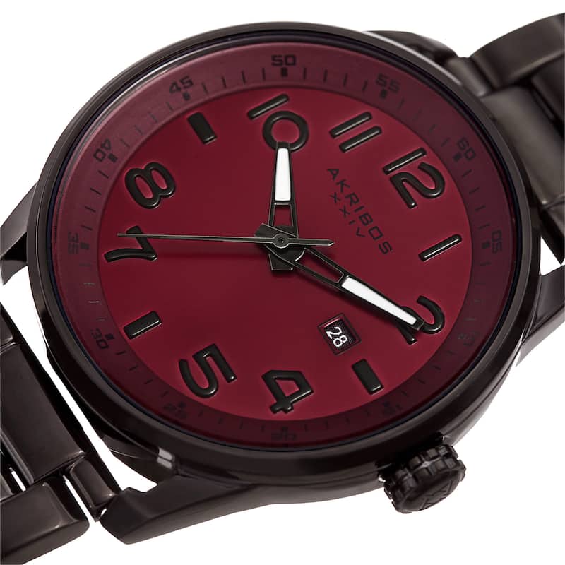 Akribos XXIV Men's Quartz Date Stainless Steel Easy-to-Read Red Bracelet Watch