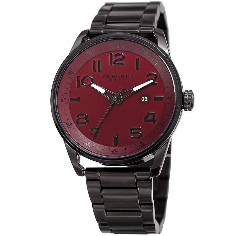 Akribos XXIV Men's Quartz Date Stainless Steel Easy-to-Read Red Bracelet Watch