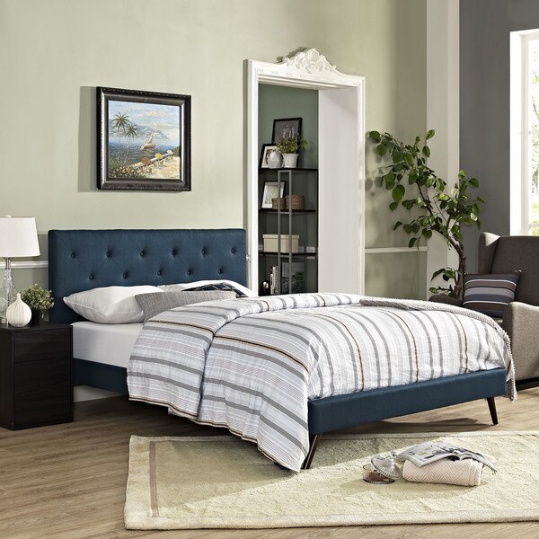 Terisa Azure Fabric Platform Bed with Round Splayed Legs