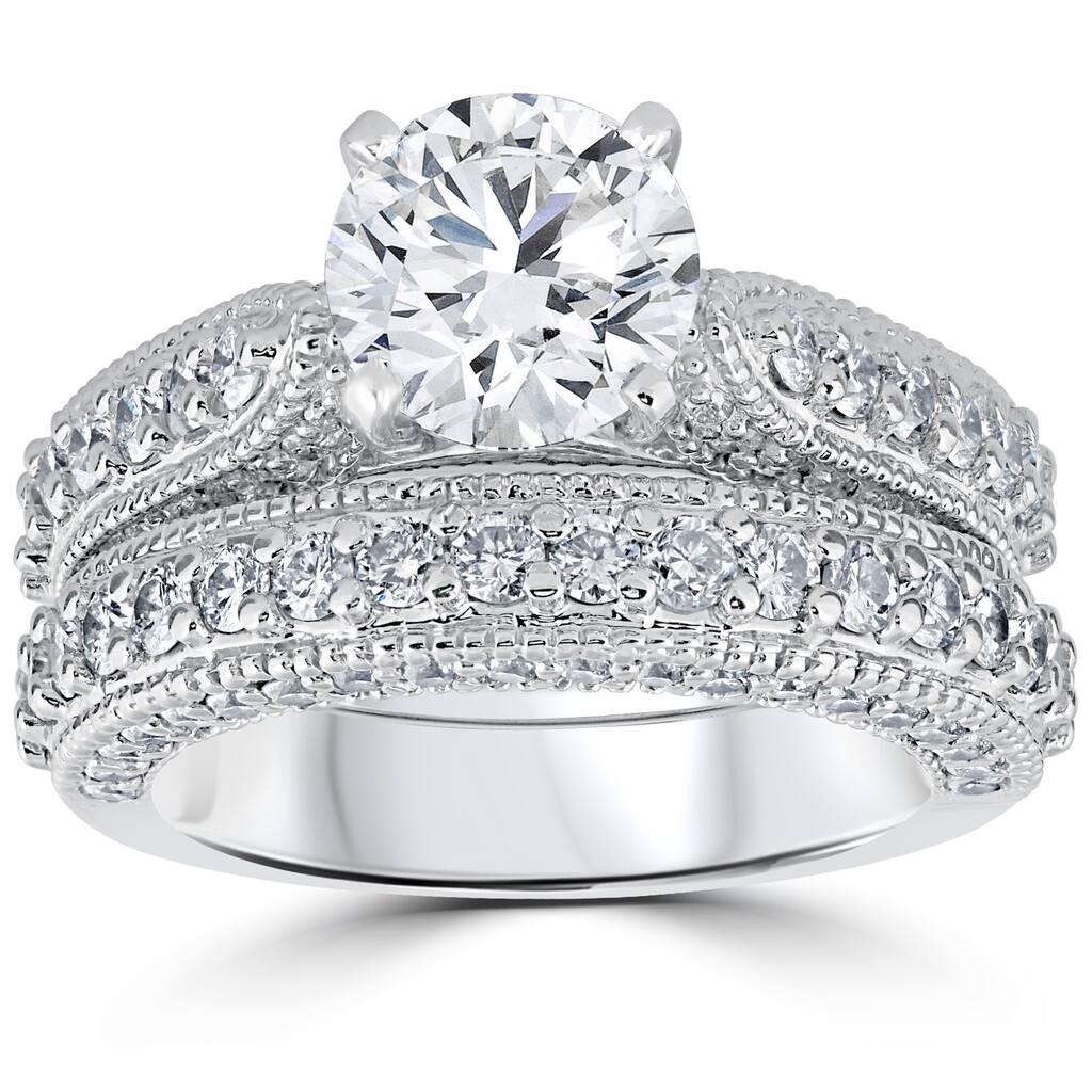 Bliss Diamond 14k White Gold 3 1/6ct TDW Diamond GIA Certified Vintage Engagement Wedding Ring Set - White H-I