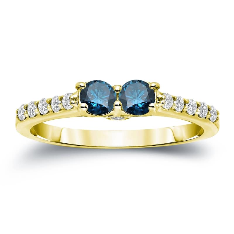 Auriya 3/4ctw Round 2 Stone Blue Diamond Ring 14k Gold - 4 - Yellow