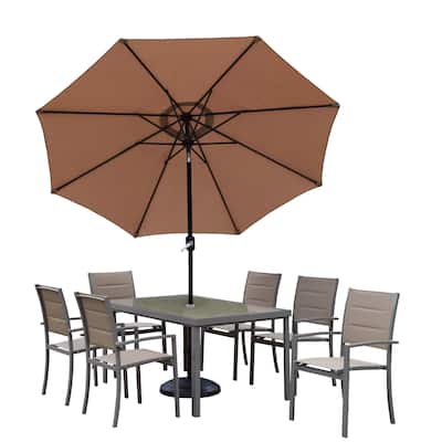 Padded Sling Set with Glass Table, 6 Chairs, 9 ft. Umbrella and Stand