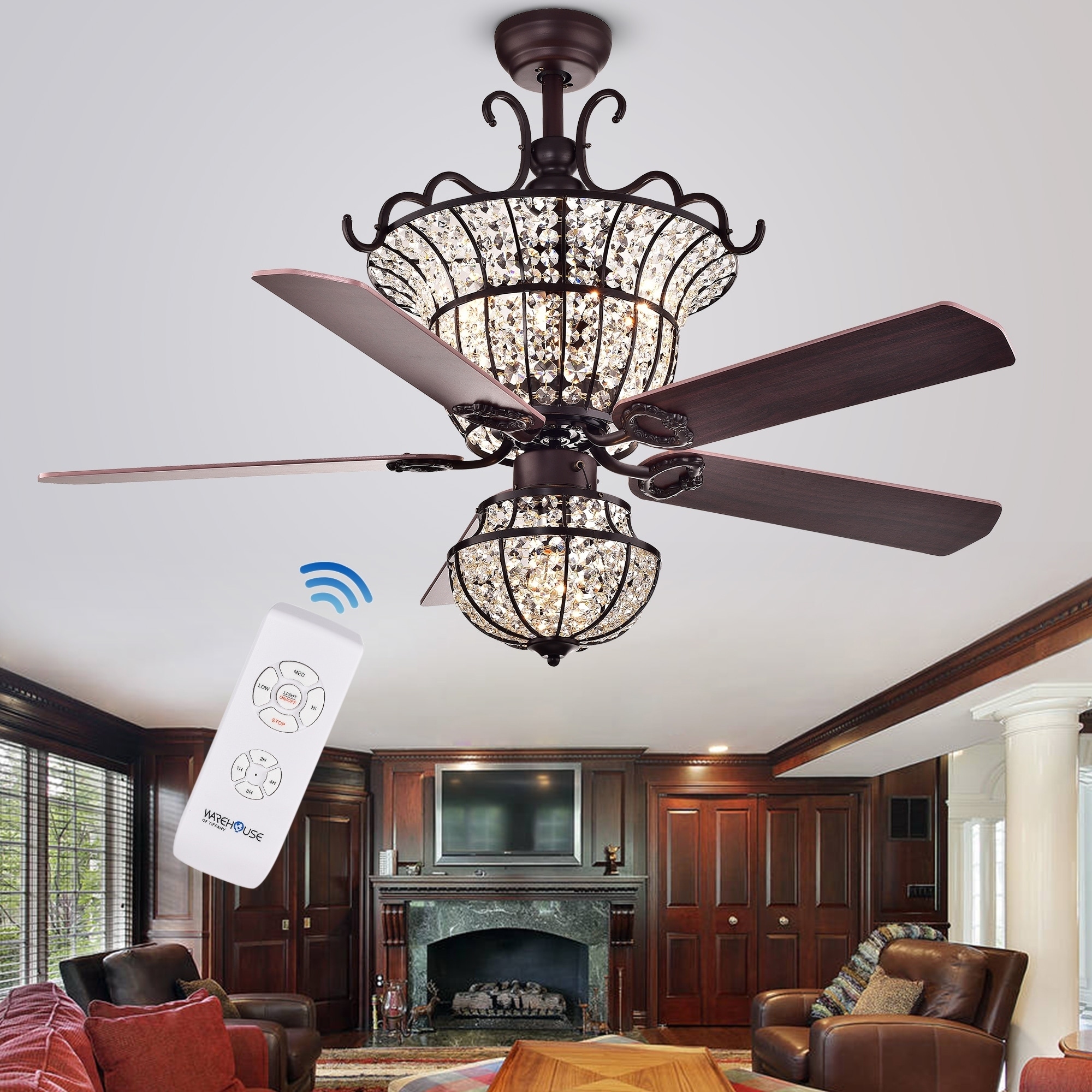 Charla 4 Light Crystal 5 Blade 52 Inch Chandelier Ceiling Fan Optional Remote 2 Color Option Blades