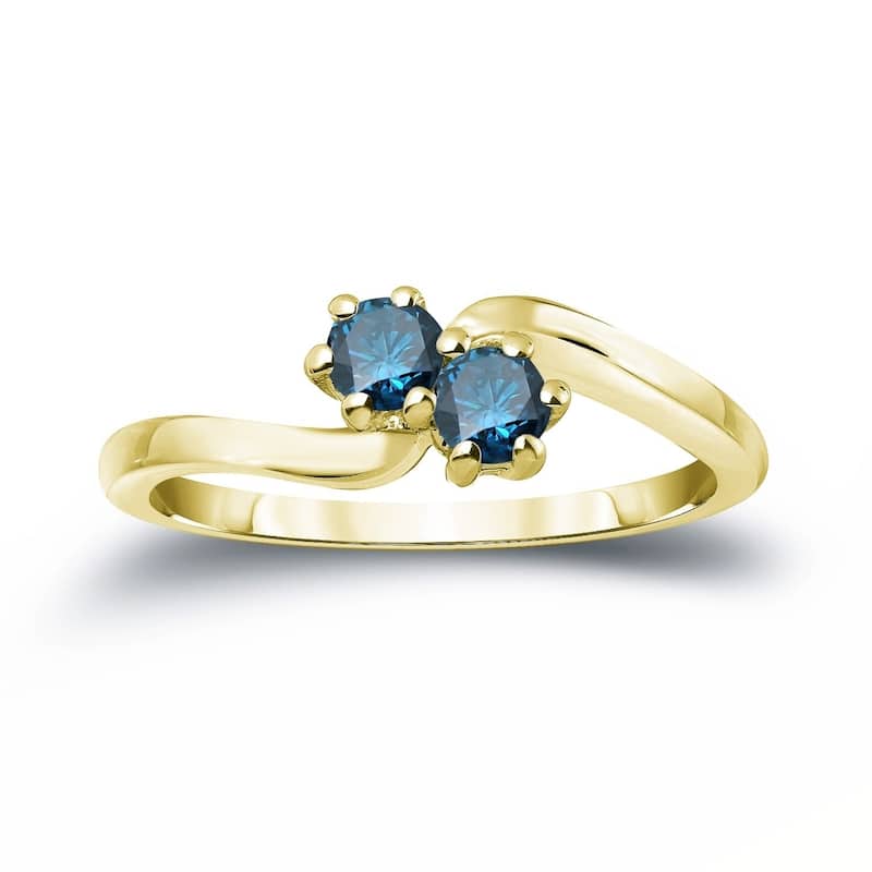 Auriya 1ctw Round 2 Stone Blue Diamond Ring 14k Gold - 4 - Yellow
