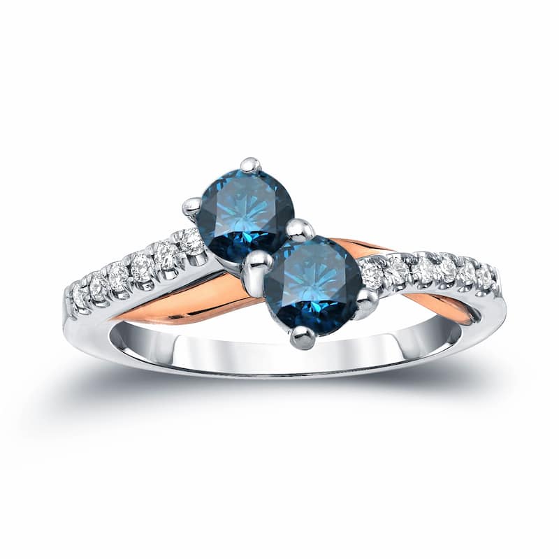 Auriya 14k Two-Tone Gold 1ct TDW Round 2-Stone Blue Diamond Engagement Ring