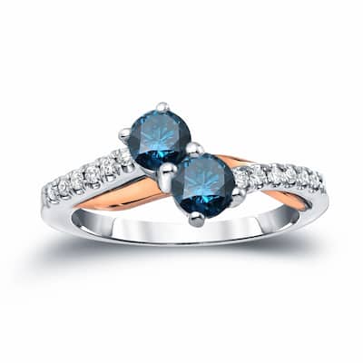 Auriya 14k Two-Tone Gold 1ct TDW Round 2-Stone Blue Diamond Engagement Ring