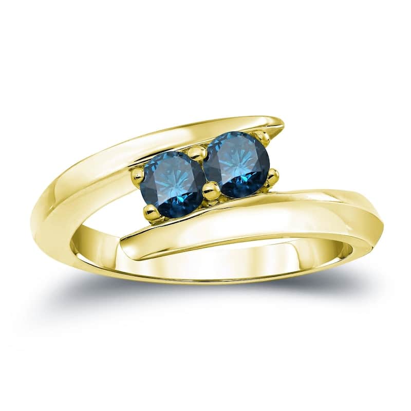 Auriya 3/4ctw Round 2 Stone Blue Diamond Ring 14k Gold - 4 - Yellow