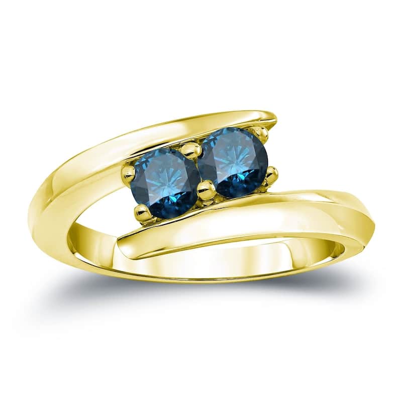 Auriya 1ctw Round 2 Stone Blue Diamond Ring 14k Gold - 4 - Yellow