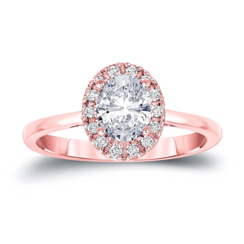 Auriya 14k Gold 1 1/8ct TDW Certified Oval Diamond Halo Engagement Ring - 4 - Rose