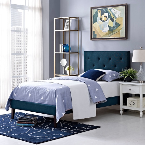 Terisa Azure Fabric Upholstered Platform Bed with Squared Tapered Legs