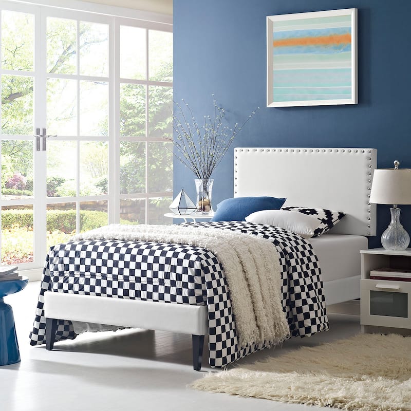 Phoebe White Vinyl Upholstered Platform Bed with Squared Tapered Legs