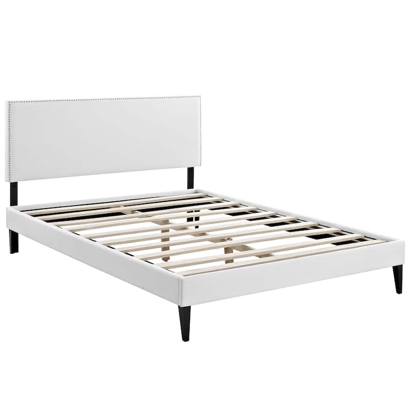 Phoebe White Vinyl Upholstered Platform Bed with Squared Tapered Legs