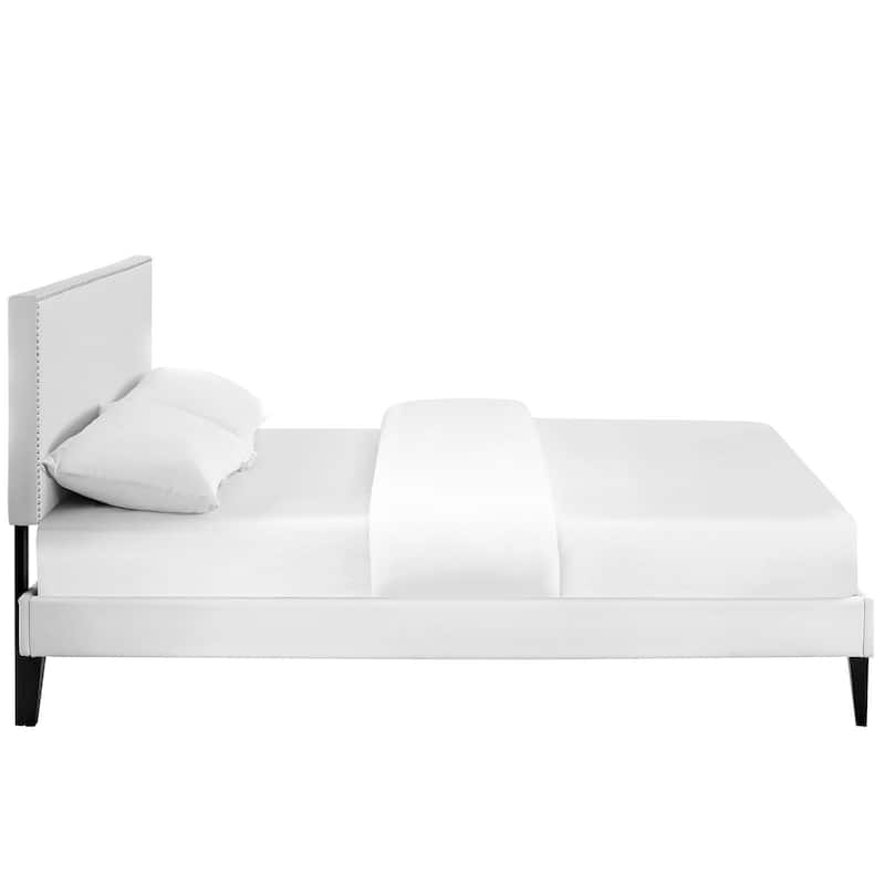 Phoebe White Vinyl Upholstered Platform Bed with Squared Tapered Legs