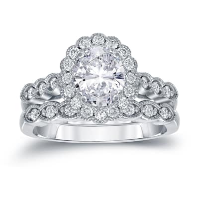 Auriya 14k Gold 2 1/10ctw Vintage Oval Halo Diamond Engagement Ring Set Certified