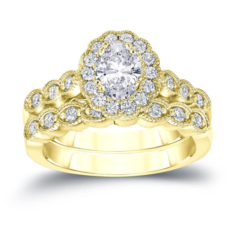 Auriya 14k Gold 2 1/10ctw Vintage Oval Halo Diamond Engagement Ring Set Certified