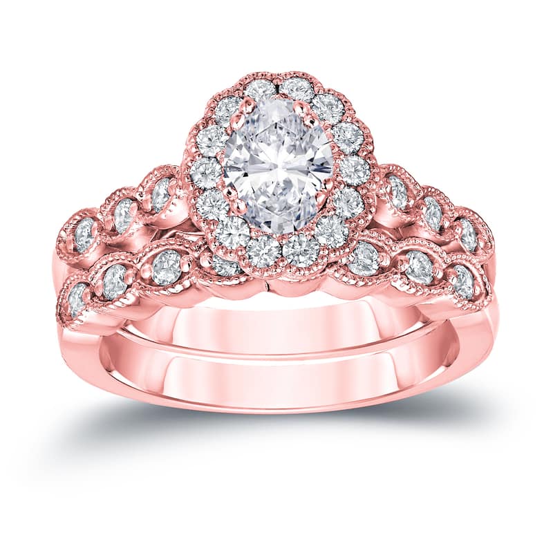 Auriya 14k Gold 1 3/5ctw Vintage Oval Halo Diamond Engagement Ring Set Certified