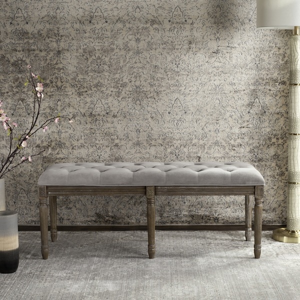 Shop Safavieh Rocha French Brasserie Tufted Rustic Wood Grey Bench Sale Free Shipping