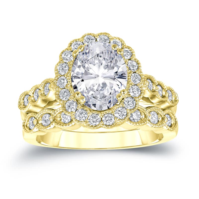 Auriya 14k Gold 3 1/10ctw Vintage Oval Halo Diamond Engagement Ring Set Certified