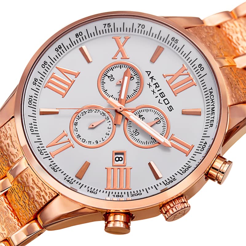 Akribos XXIV Men's Swiss Quartz Chronograph Multifunction Stainless Steel Rose-Tone Bracelet Watch