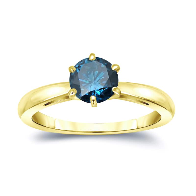 Auriya 1ctw Round Solitaire Blue Diamond Ring 14k Gold 6 Prong (SI2-SI3) - 4 - Yellow