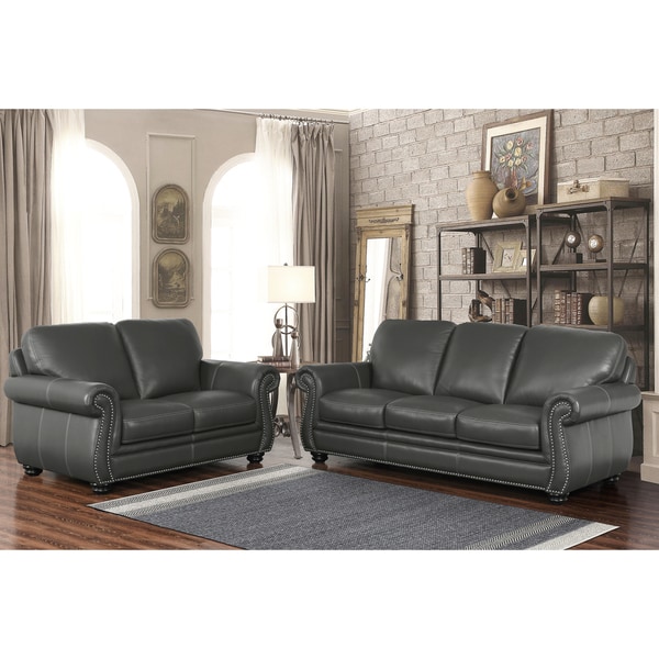 Shop Abbyson Kassidy Grey Top Grain Leather 2 Piece Living Room Set - On Sale - Free Shipping ...