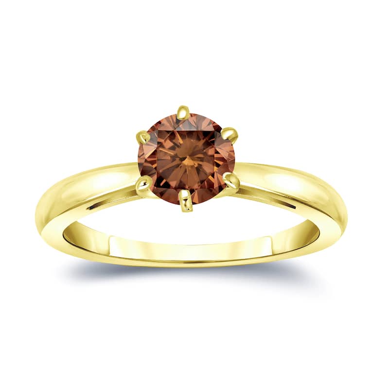Auriya 1ctw 6 Prong Round Solitaire Brown Diamond Ring 14k Gold